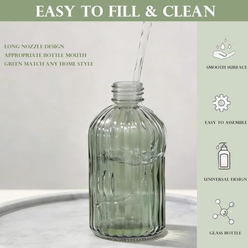 Green Striped Glass Soap Dispenser, 12oz Refillable Bottle with Silver Pump