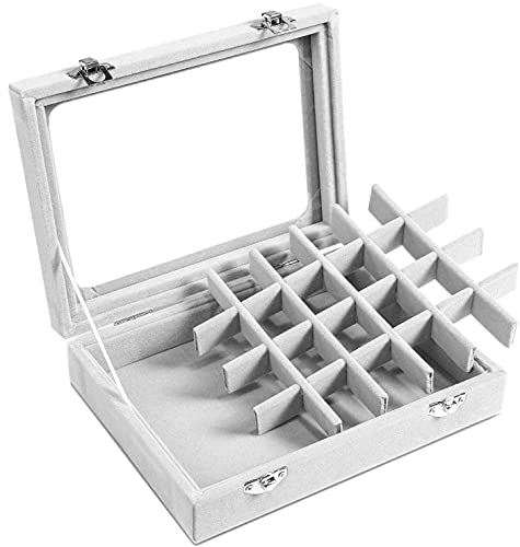 Velvet Jewelry Organizer Tray with Glass Lid 24 Compartments for Rings Earrings