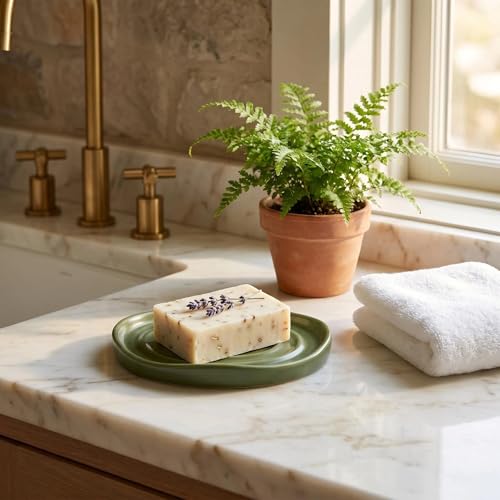 Ceramic Soap Dish with Swirl Grooves - Easy-Clean Green Holder