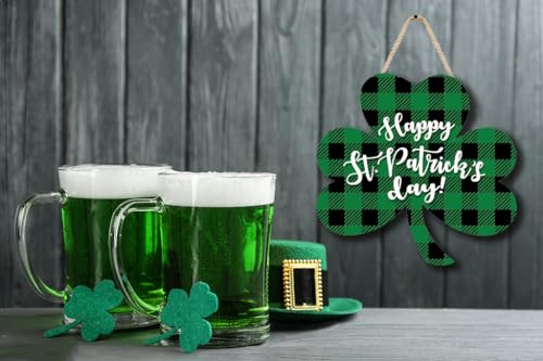 St Patrick's Day Wooden Sign - Green Buffalo Plaid Shamrock Decor