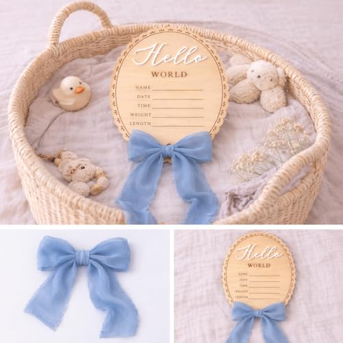 Bitaldi Blue Hello World Newborn Sign - 6 Inch Baby Birth Announcement with Bow, Nursery Decor & Photo Prop