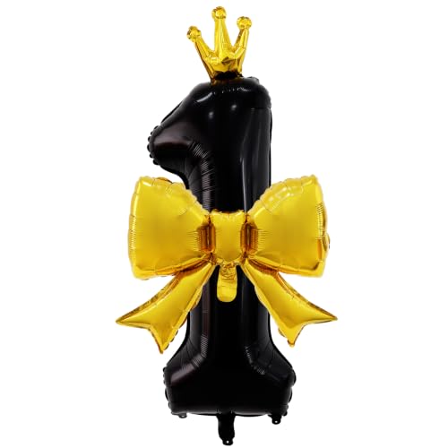 40 Inch Black Crown Number Balloon with Gold Bow for Birthday Decor