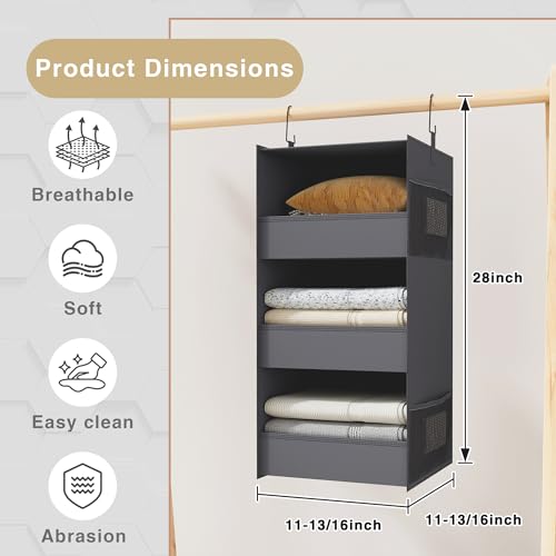 Bosuelife Dark Gray 3-Shelf Hanging Closet Organizer, Foldable & Washable Storage