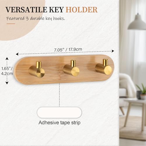 Nekon Bamboo Wall Key Holder with Gold Hooks - Small Adhesive Rack