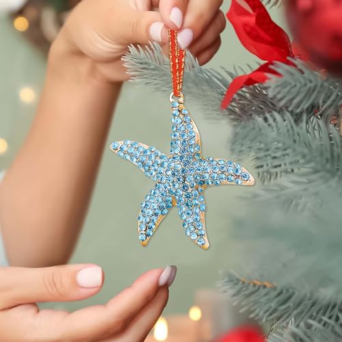 Metal Starfish Christmas Ornament with Blue Rhinestones - Beach Theme Holiday Decor