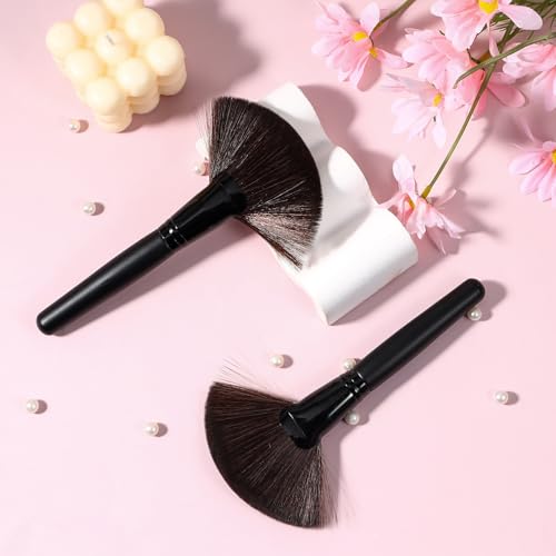 Jxiwfvl 2Pcs Fluffy Fan Makeup Brushes with Long Handles - Soft Bristle Facial Brushes for Highlighting and Powder