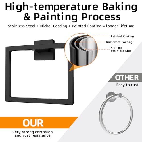 Matte Black Square Towel Ring - SUS304 Stainless Steel, Wall Mounted, 1 Pack