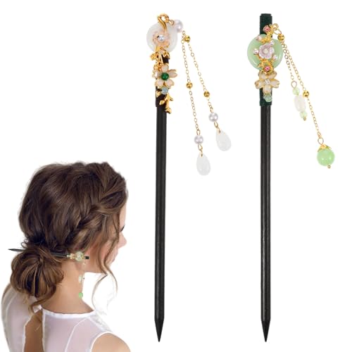 Wooden Hair Sticks with Tassel 2 Pcs - Vintage Flower Hair Pins for Bun