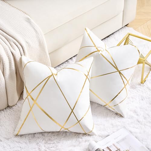 White Velvet Decorative Pillow Covers 16x16 - Pack of 2 with Gold Foil Design