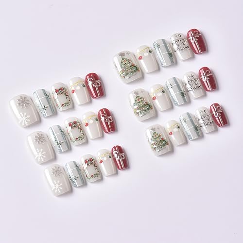 Lukmexor Christmas Press On Nails Short Square Glitter False Nails with 3D Snowflake and Gold Bow