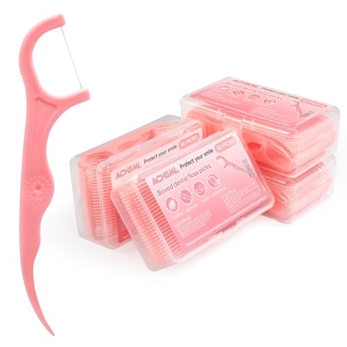 ACHSML 200 Count Dental Floss Picks with Travel Cases, Light Pink