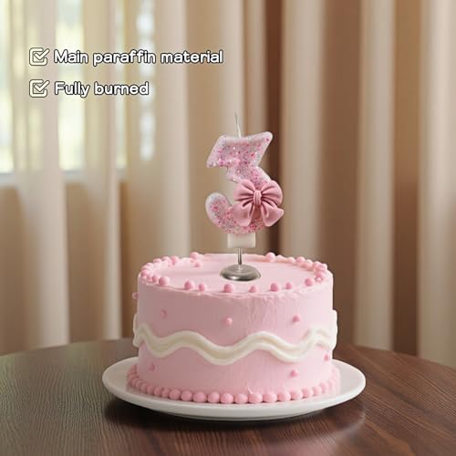 Number 3 Pink Glitter Birthday Candle with Bow - 2.95 Inch Cake Topper