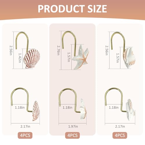 Gold Seashell Shower Curtain Hooks - 12 Pack Rust-Proof Decor