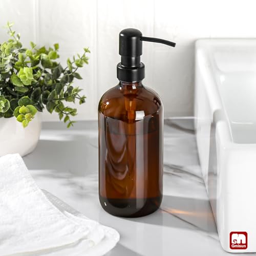 GMISUN 17oz Amber Glass Soap Dispenser with Black Rustproof Stainless Pump