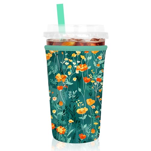 Reusable Neoprene Iced Coffee Sleeve - Green Flowers, 32 oz