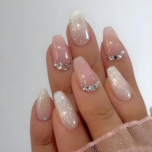 Nude Pink Press on Nails Long Coffin Glitter Glossy Rhinestone 24Pcs