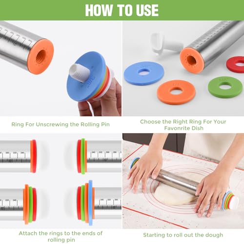AOAONIU 17-Inch Adjustable Stainless Steel Rolling Pin with Thickness Rings