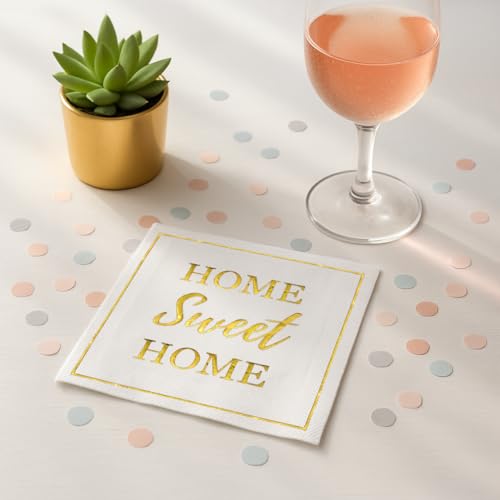Housewarming Party Napkins 50 Pack - Elegant White & Gold Foil 'Home Sweet Home' Paper Napkins for Gifts & Events
