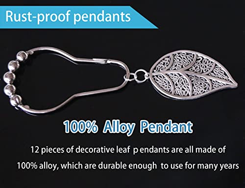 Silver Leaves Shower Curtain Hooks - 12 Pack Rust Proof Stainless Steel