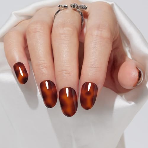 Findigit Short Press On Nails - 32 Pcs Natural Soft Gel Fake Nails Kit, Amber