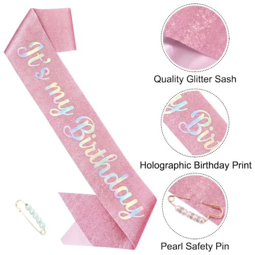 It's My Birthday Pink Glitter Sash with Pearl Pin for Women