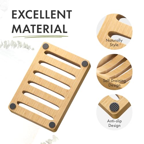 Natural Bamboo Soap Dish Holder 2 Pack - Self-Draining Wood Bathroom & Kitchen Tray
