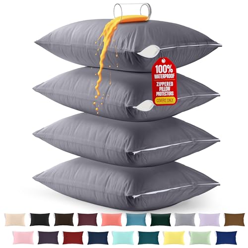 Queen Size Pillow Protectors Set of 4 - Gray Zippered Covers