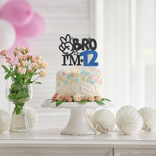 Brother I'm 12 Cake Topper - Black Glitter Birthday Decoration