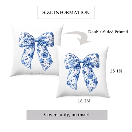Chinoiserie Bow Pillow Cover 18x18, Grandmillennial Blue and White Decor