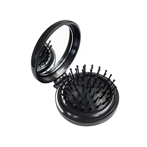 Serrale Folding Travel Hair Brush with Mirror Compact Mini Round Comb Black