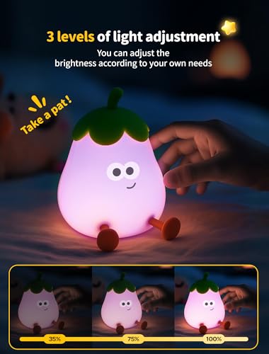 Eggplant Night Light - Cute Silicone Lamp, Dimmable LED for Kids