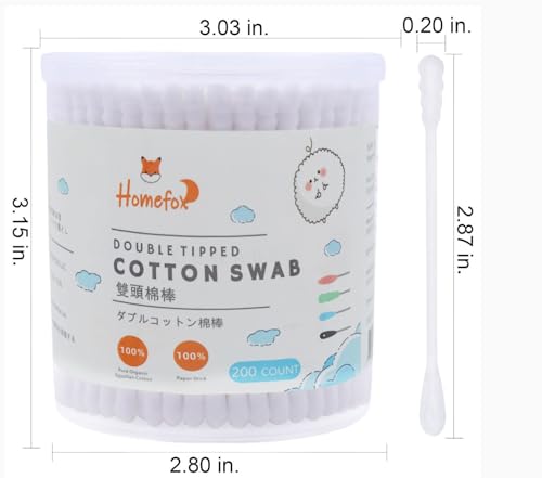 HOMEFOX Organic Cotton Swabs 200 Count Spiral & Round Double Tipped Buds