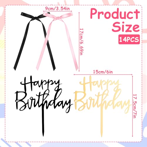 14-Piece Black and Pink Ribbon Bow Cake Toppers with Happy Birthday Sign