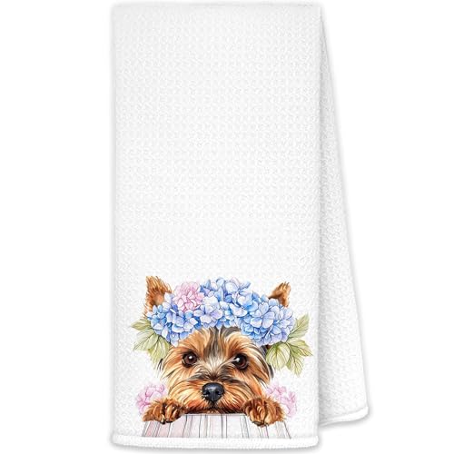JINYO Blue Hydrangea Yorkshire Terrier Kitchen Towels, 16x24
