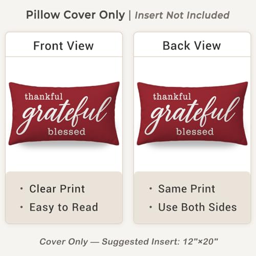 Farmhouse Thankful Thank You Blessed Throw Pillow Cover 12x20 Crimson Red - Double-Sided Polyester