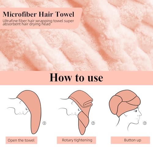 Extra Large Hair Drying Towel with Elastic Strap - Soft Coral Fleece, 19.7x31.5 inch, Pink