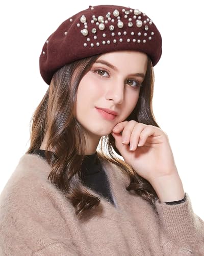 AWAYTR French Wool Beret Hat with Pearls & Rhinestones for Women