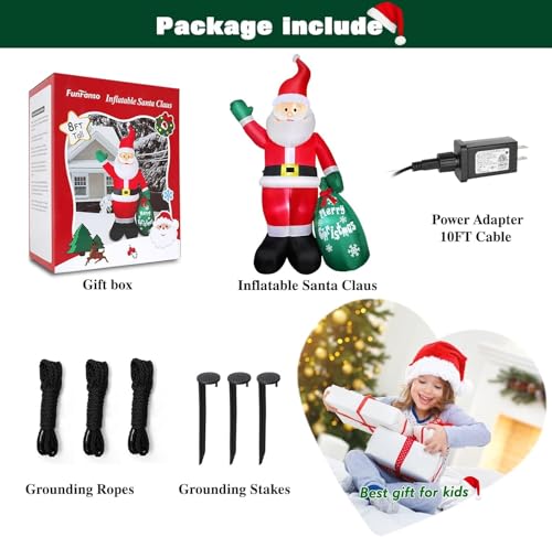8 Ft Christmas Inflatable Santa Claus with LED Lights & Gift Bag for Outdoor Yard Decor