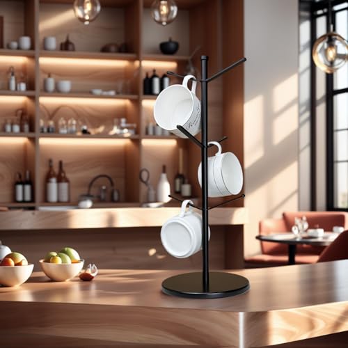 Metal Mug Tree with Bamboo Base - 6 Hook Cup Holder Rack