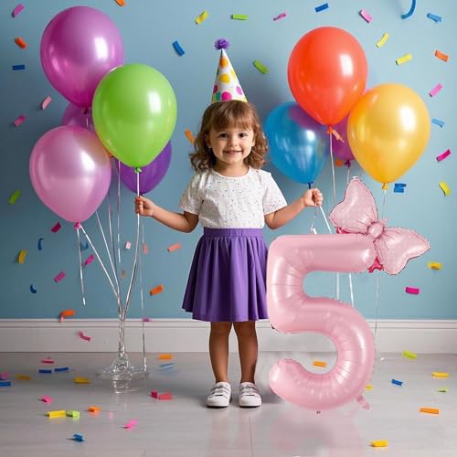40-Inch Pink Number 5 Balloon with Bow for Girls' Birthday