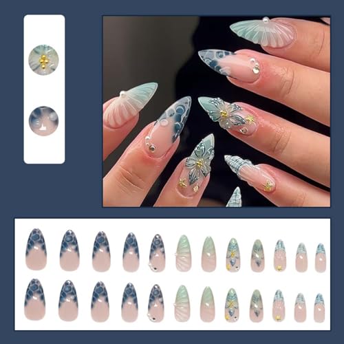Medium Almond Press on Nails Blue Flower False Nails with Pearl Starfish Rhinestones Reusable Acrylic Nails