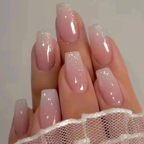 Pink White Ombre Coffin Press on Nails with Glitter - 30 Pcs