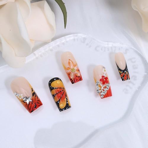 Flower French Tip Press on Nails Long Square 3D Floral Butterfly Fake Nails