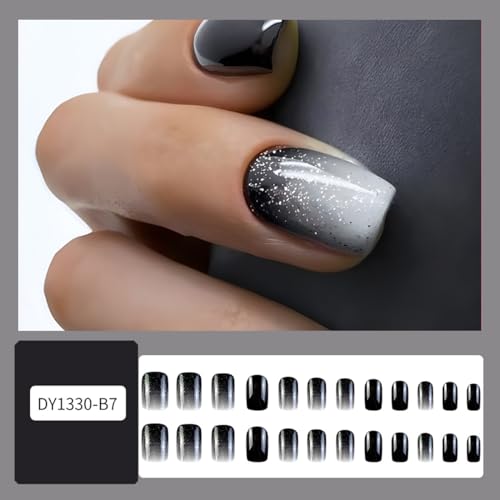 Short Square Press On Nails Black White Gradient Glitter False Nails 24Pcs