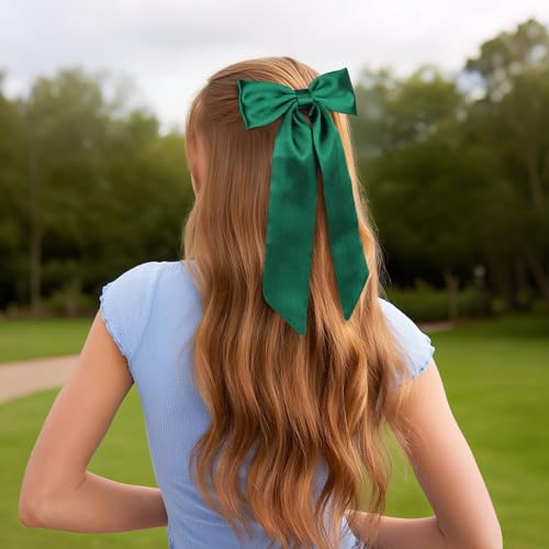 WantGor Satin Long Tail Hair Bow Clip Green Ribbon Barrette for Women