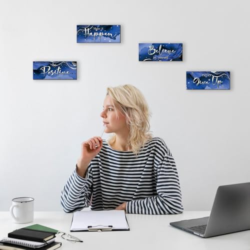 Blue & Silver Motivational Wall Art - 4 Piece Wooden Set for Home & Office