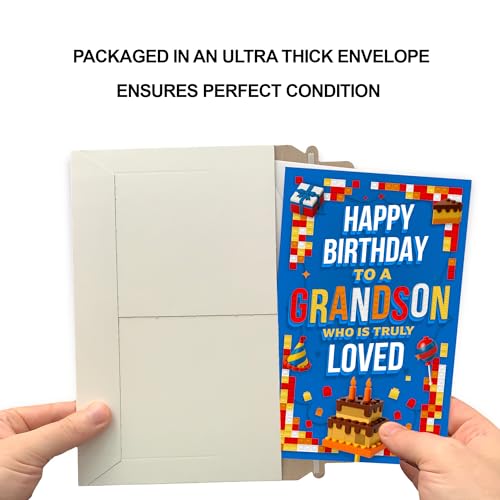 Blue Grandson Birthday Card - Made in USA, Eco-Friendly Thick Cardstock, Premium Envelope, 5x7.75in