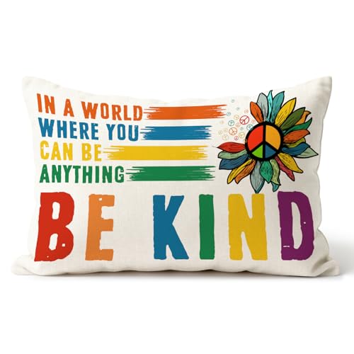 Be Kind Rainbow Pillowcase 12x20 Inch | Double-Sided Linen Throw Pillow Cover