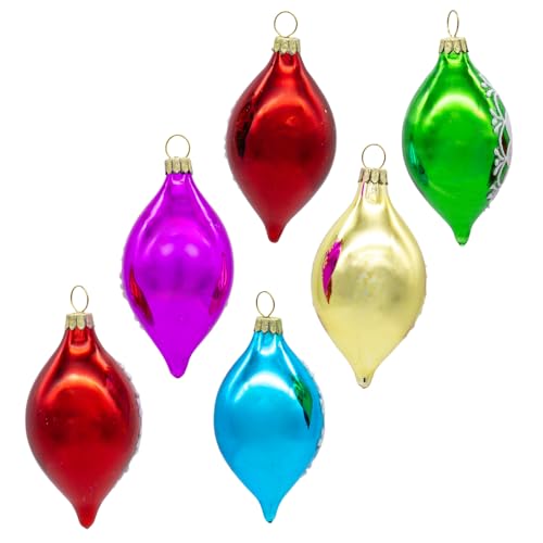 Set of 6 Multicolor Glass Holiday Ornaments with White Glitter - 88mm