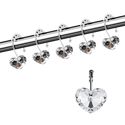 Actpe Decorative Crystal Heart Shower Curtain Hooks, Rust-Proof Set of 12
